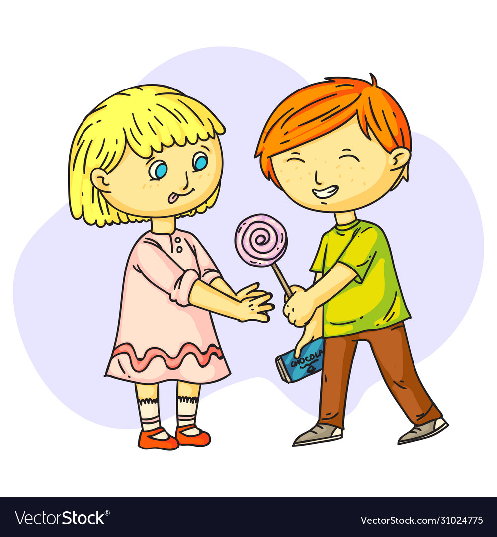 Cute smiling boy sharing sweets with happy girl