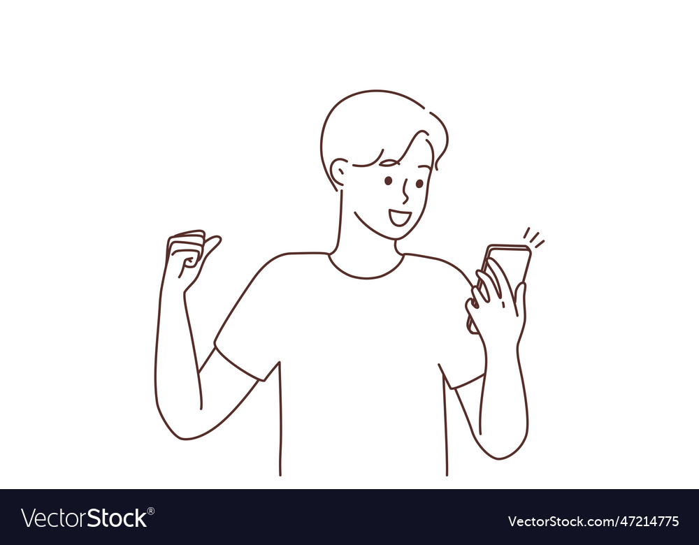 Excited man celebrate good news on cellphone Vector Image