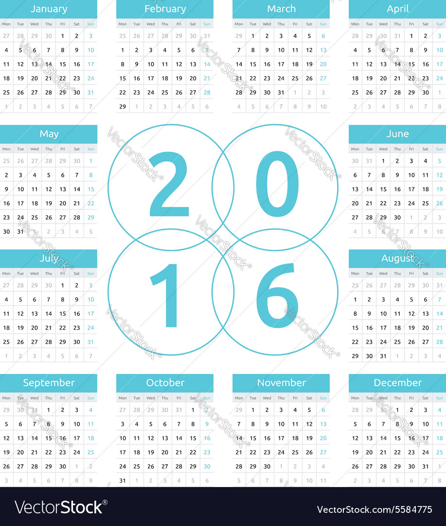 Simple european 2016 year calendar