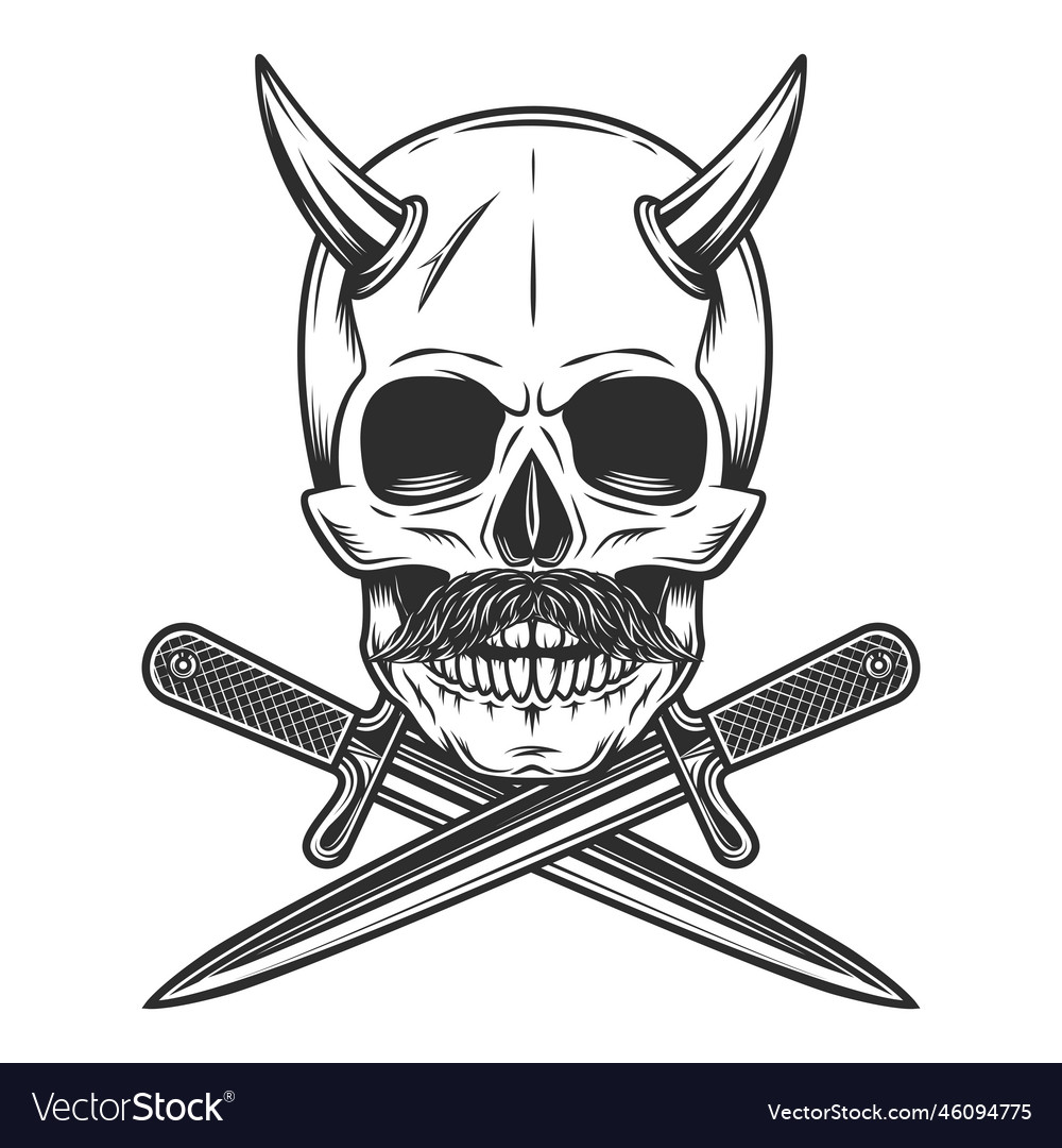 Skull wit horns and mustache crossed knife Vector Image