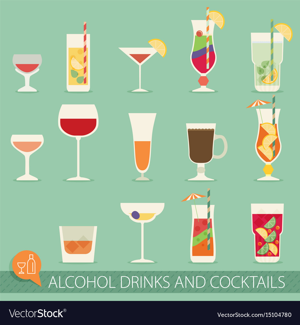 Alcohol drinks and cocktails icon set in flat Vector Image