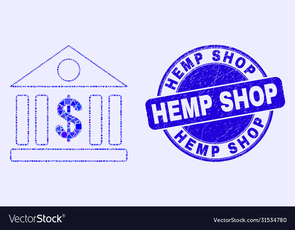 Blue distress hemp shop seal and dollar bank