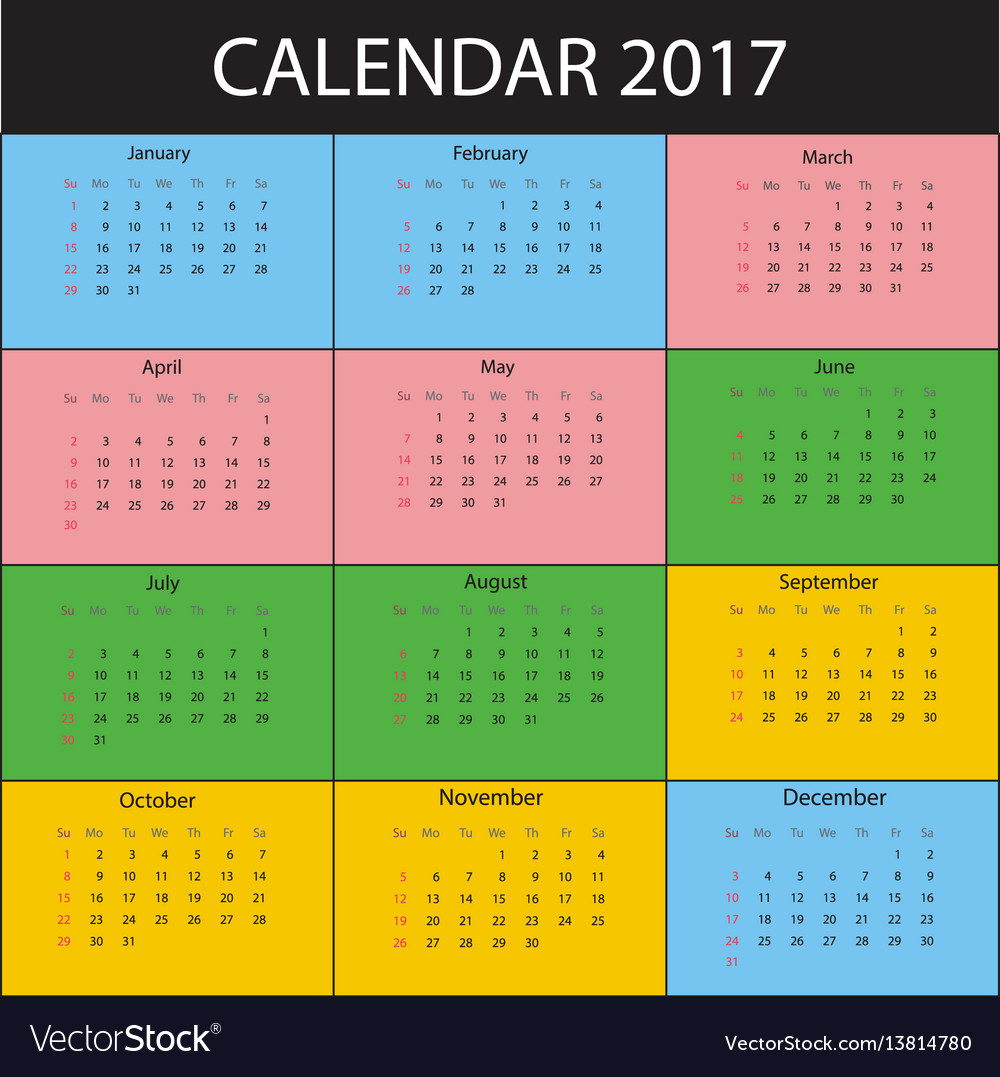 Calendar for 2017 year week starts sunday Vector Image