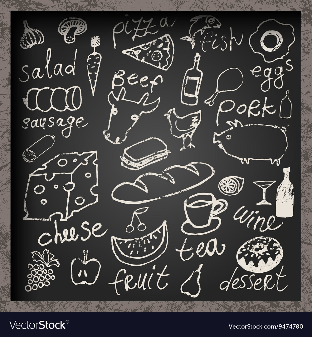 Set hand-drawn food on chalkboard Royalty Free Vector Image