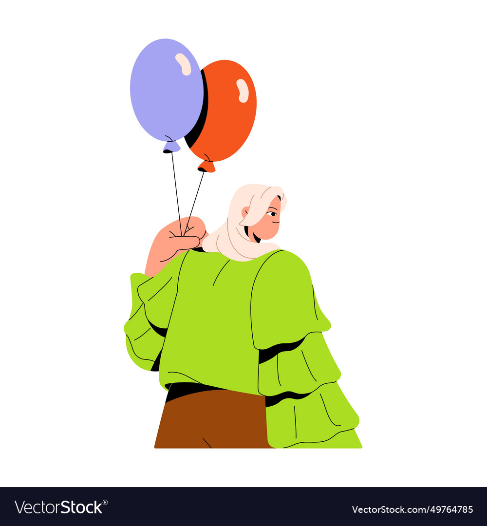 Happy girl holding holiday colorful balloons