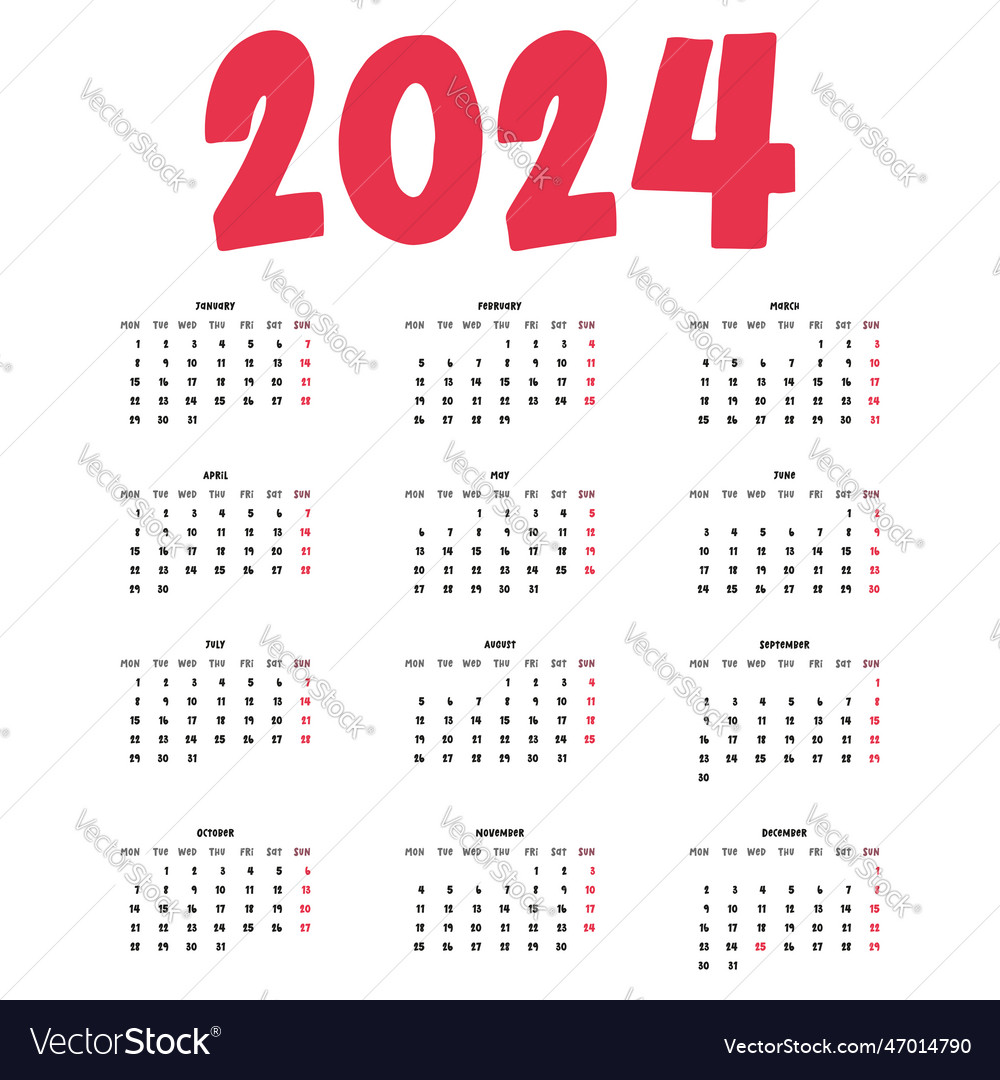 Calendar template for 2024 Royalty Free Vector Image