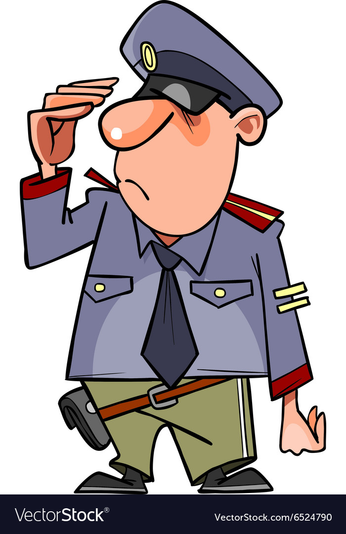 Cartoon man in a police uniform salutes Royalty Free Vector