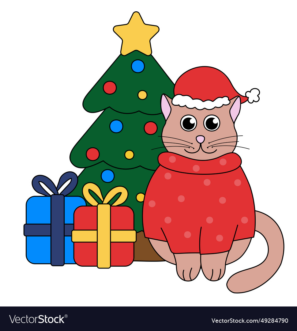 Christmas and new year cat with tree gift box