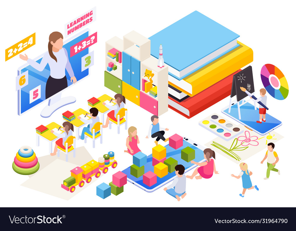 Online Kindergarten Isometric Composition Vector Image