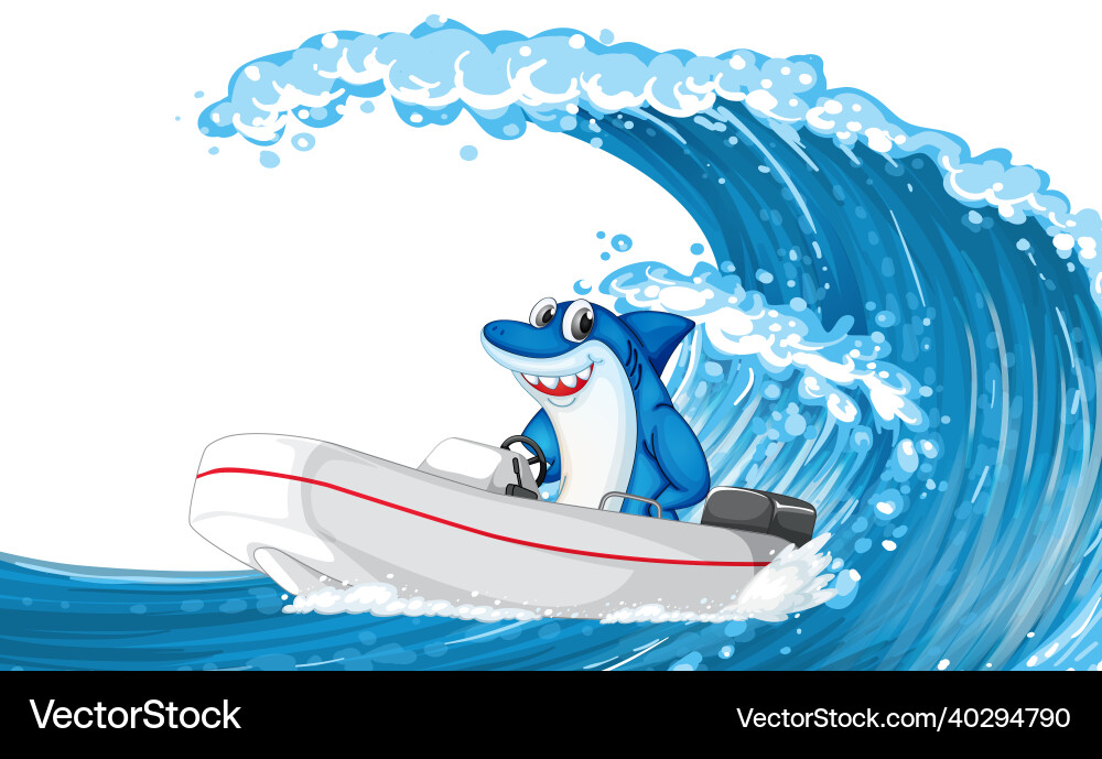 Shark on dinghy boat with ocean wave Royalty Free Vector