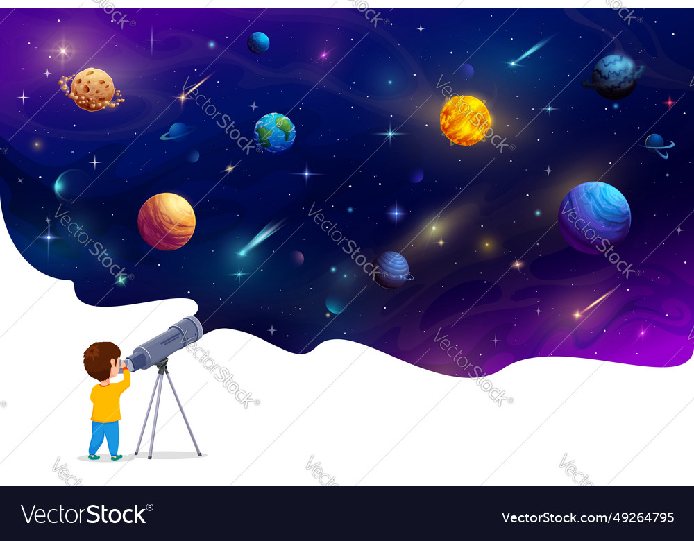 Boy kid looking through a telescope space planets Vector Image