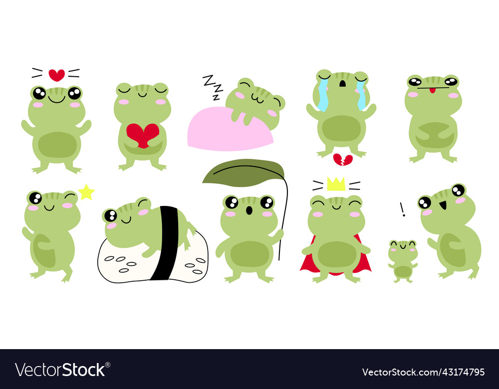 Set of cute cartoon frogs kawaii froggie Vector Image