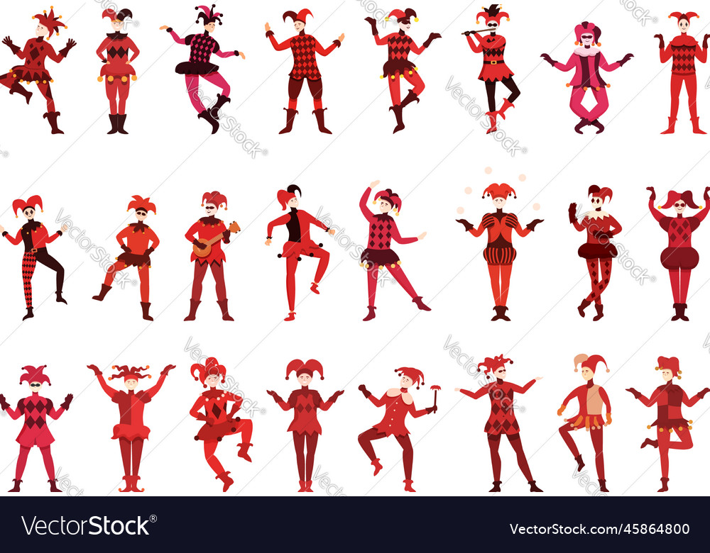 Harlequin icons set cartoon joker card Royalty Free Vector Harlequin icons set cartoon joker card Royalty Free Vector