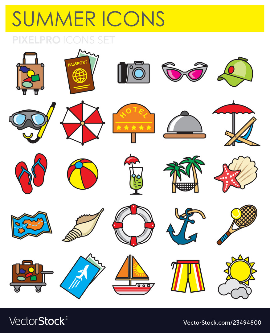 Summer color outline icons set on white background