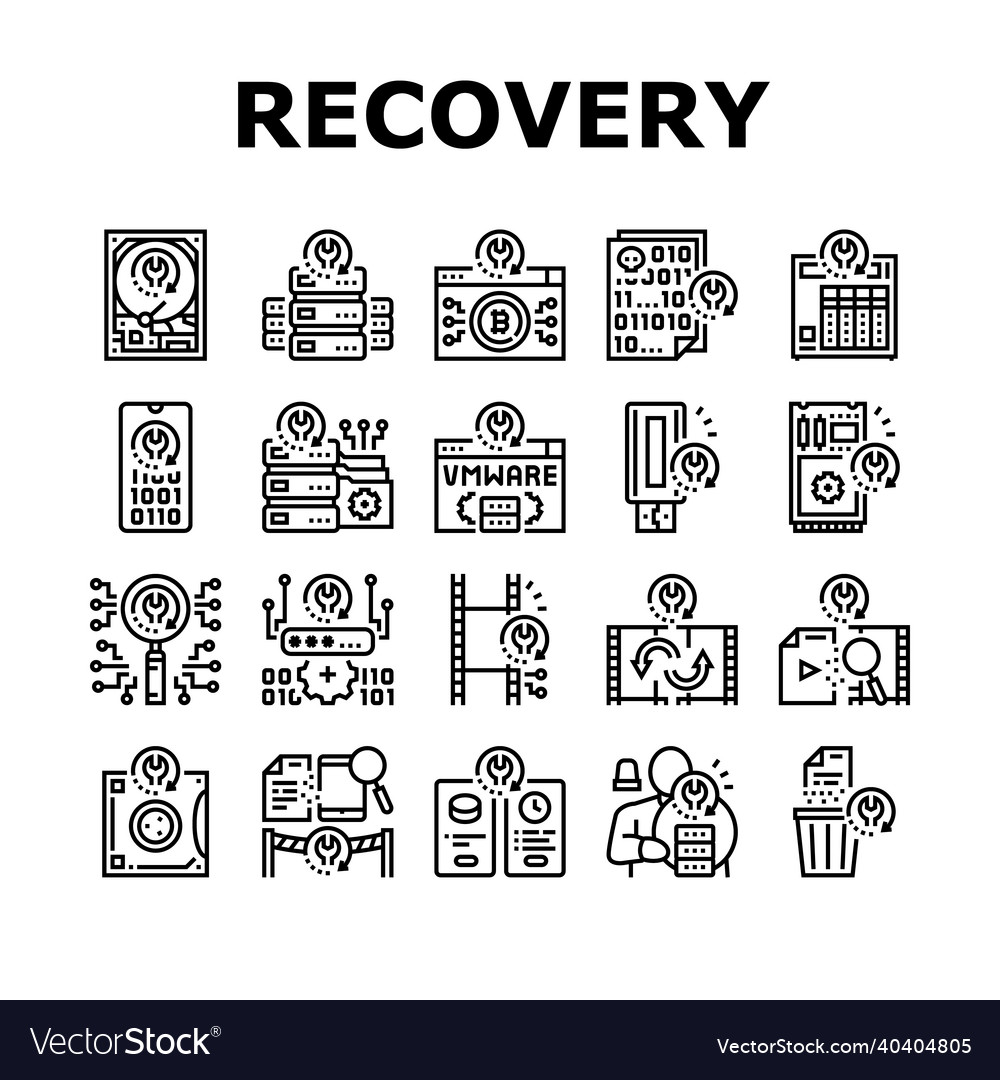 Data recovery computer processing icons set vector image Data recovery computer processing icons set