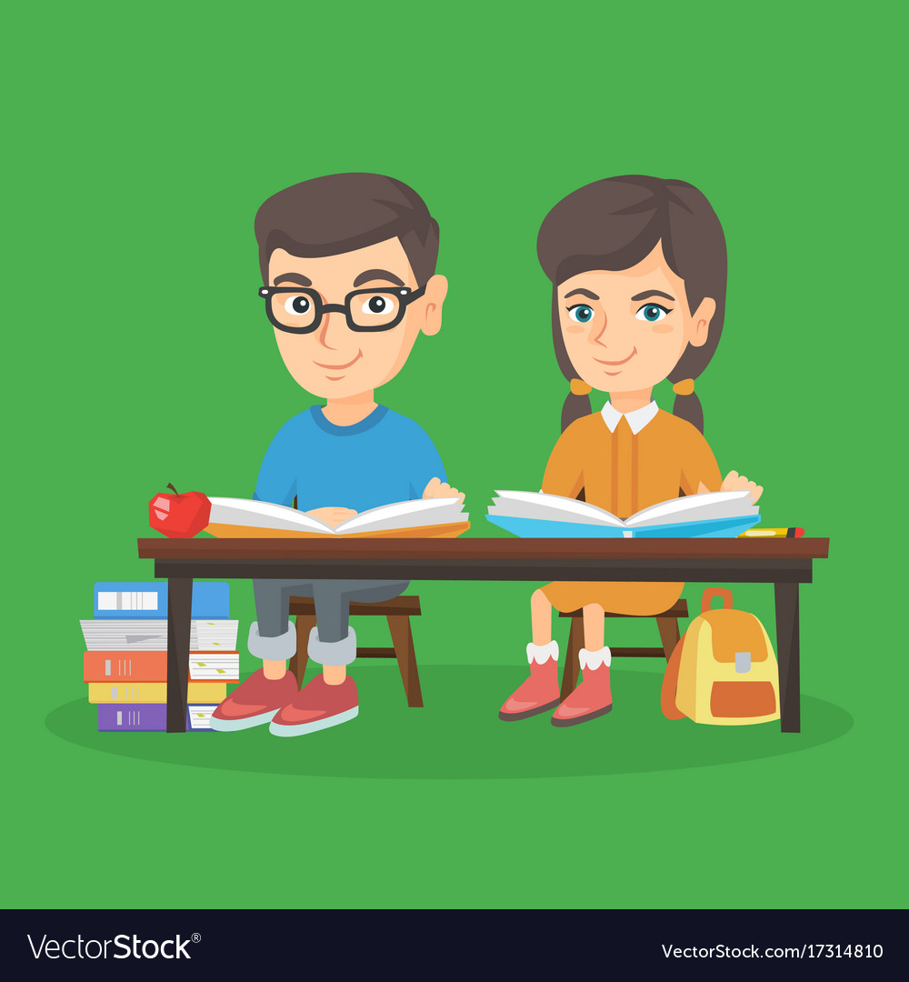 Boy and girl sitting at the table and reading Vector Image