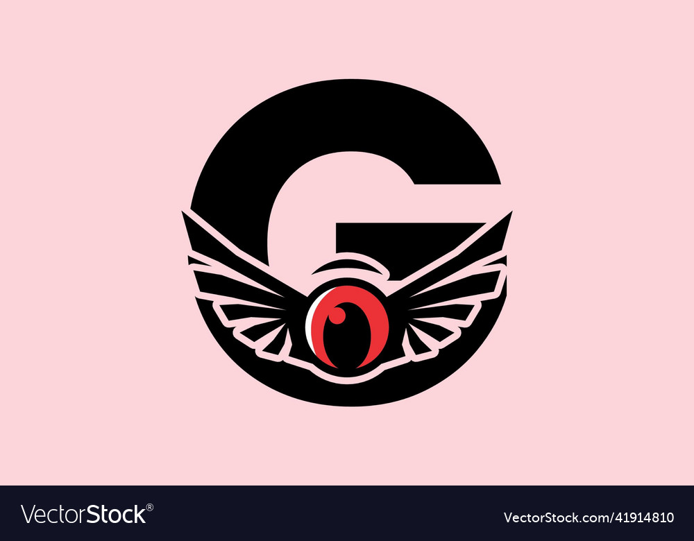 G initial letter with red eye wings