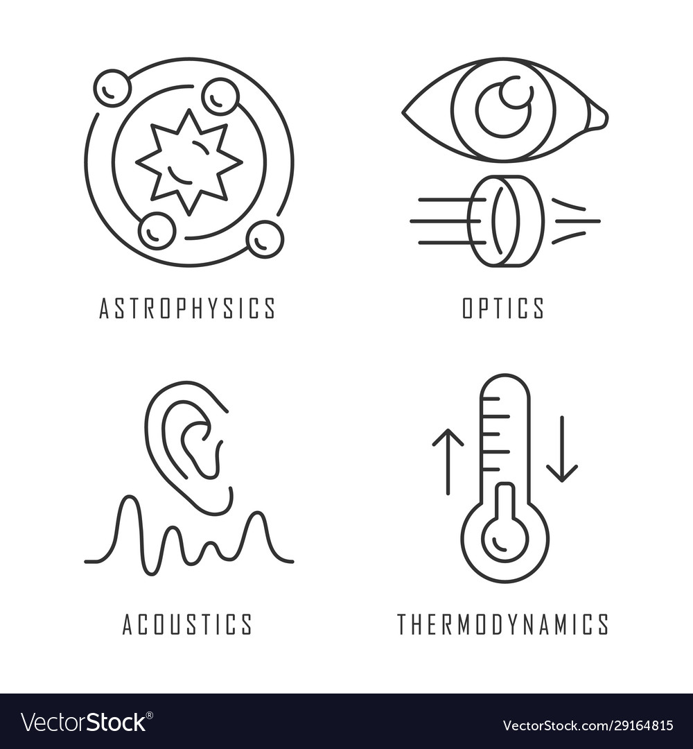 Physics branches linear icons set astrophysics vector image Physics branches linear icons set astrophysics