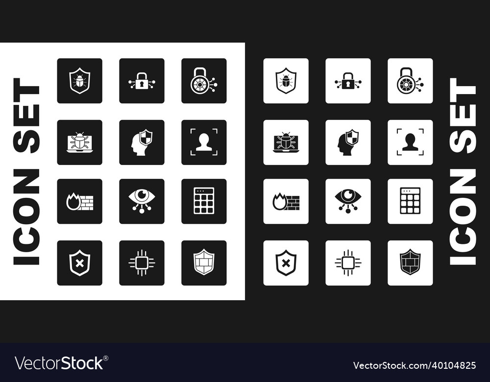 Set cyber security head with shield system bug vector image Set cyber security head with shield system bug