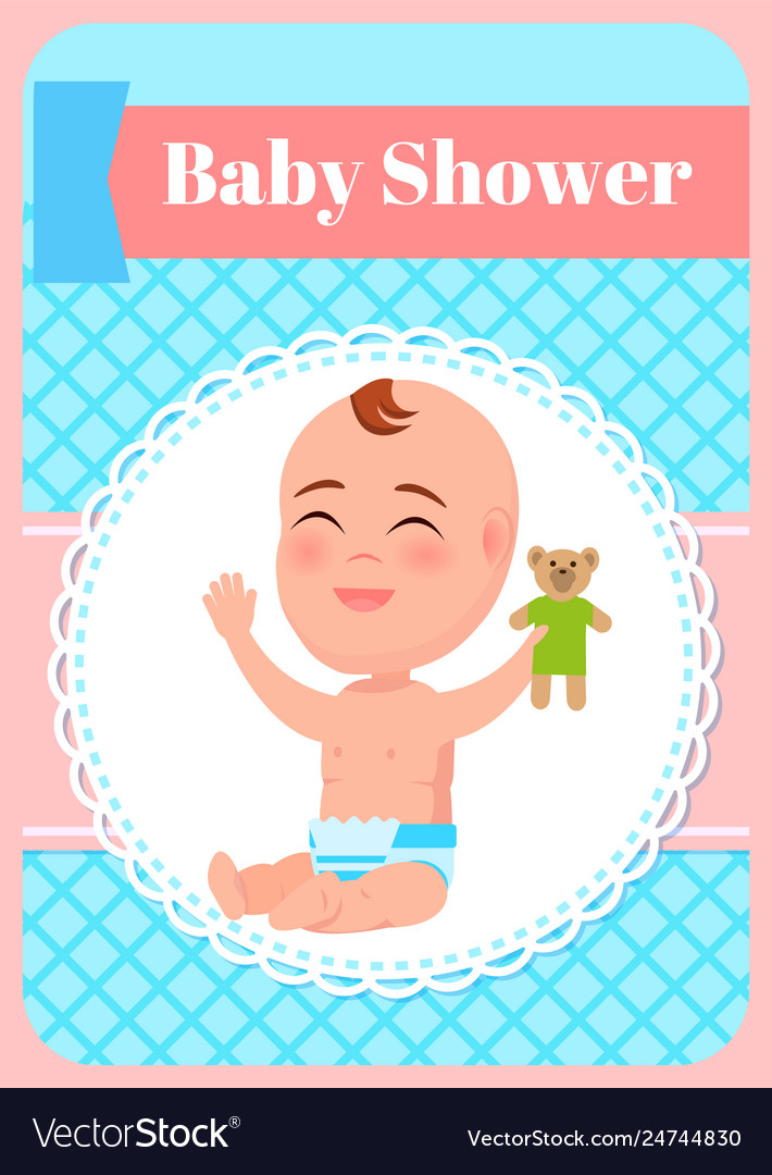 Baby shower poster infant sitting with teddy bear