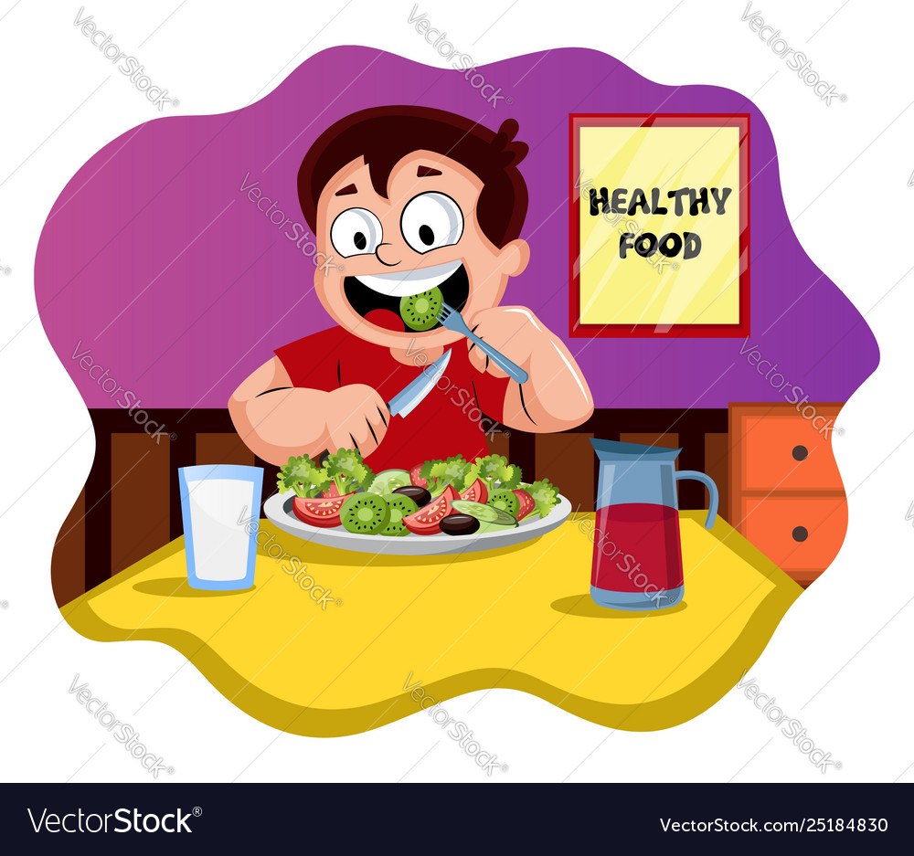 Happy boy eating healthy food on white background