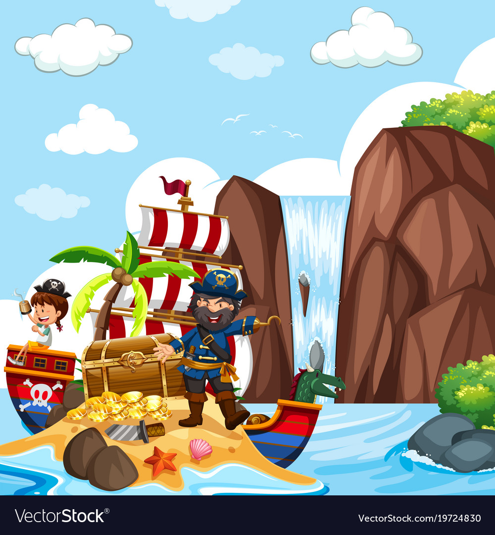 Scene with pirate and treasure chest