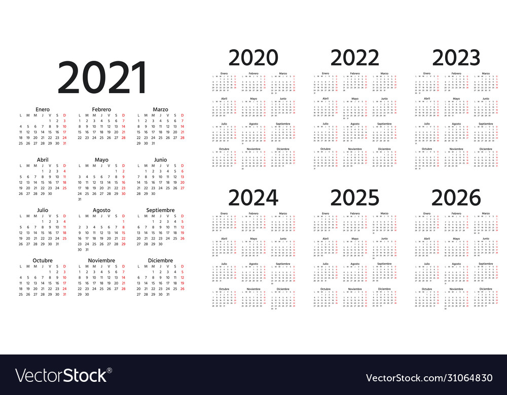 Spanish calendar 2021 2022 2023 2024 2025 2026 Vector Image