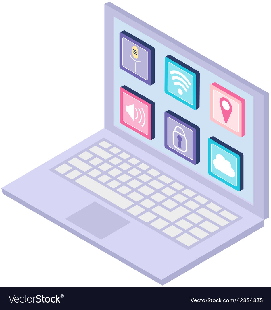 Opened laptop with application icons vector image Opened laptop with application icons