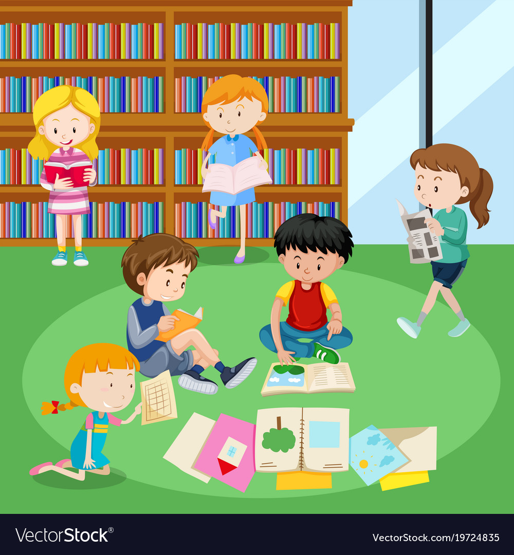 Students Reading Books In Library Royalty Free Vector Image Cartoon library free vector we have about (19,407 files) free vector in ai, eps, cdr, svg vector illustration graphic art design format. vectorstock