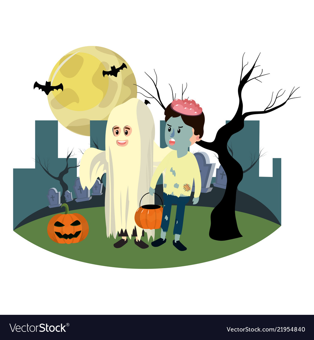 Children With Funny Costumes And Full Moon Vector Image