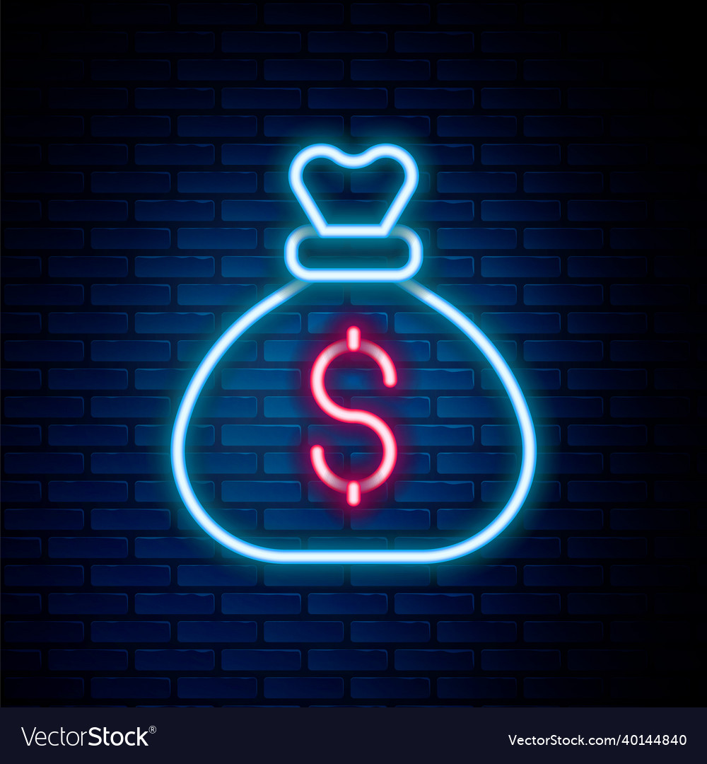 Glowing neon line money bag icon isolated on brick