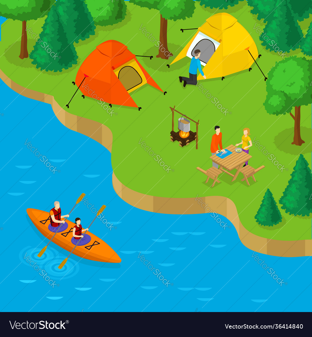 Isometric camping and active recreation concept