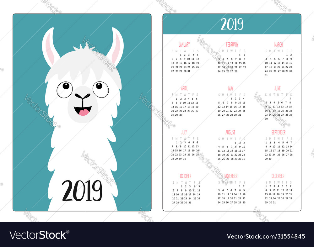 Alpaca Llama Looking Up Simple Pocket Calendar Vector Image