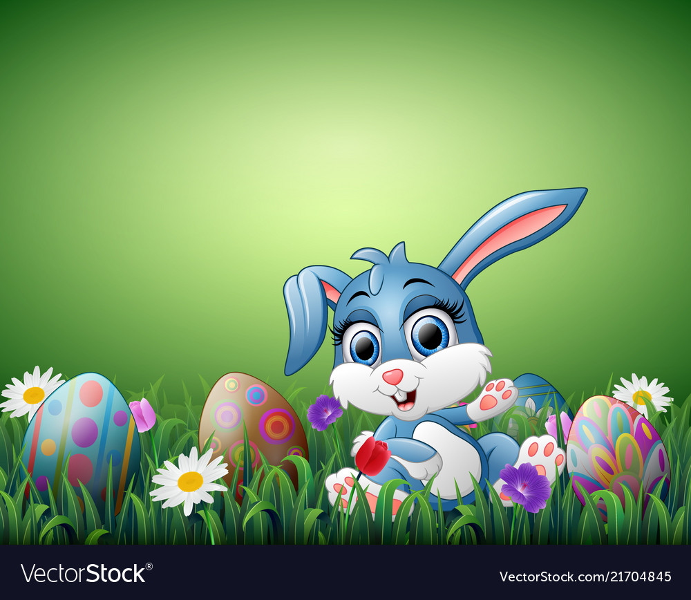 Cute little rabbit cartoon with decorated easter e