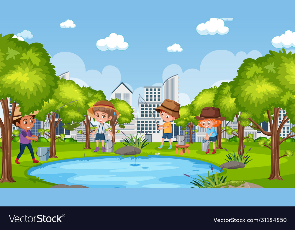 Background scene with kids fishing in park