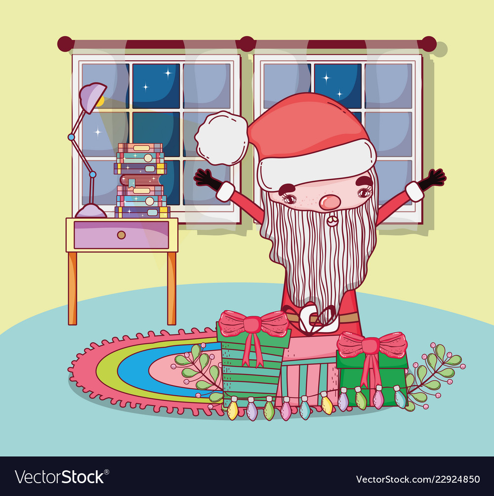 Cute christmas santa claus with gifts in the house