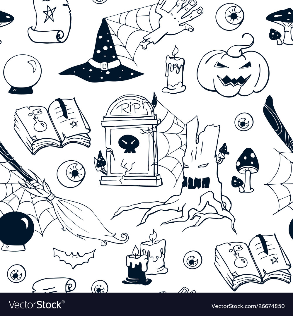 Premium Vector, Set doodle drawing hand drawn halloween black and white