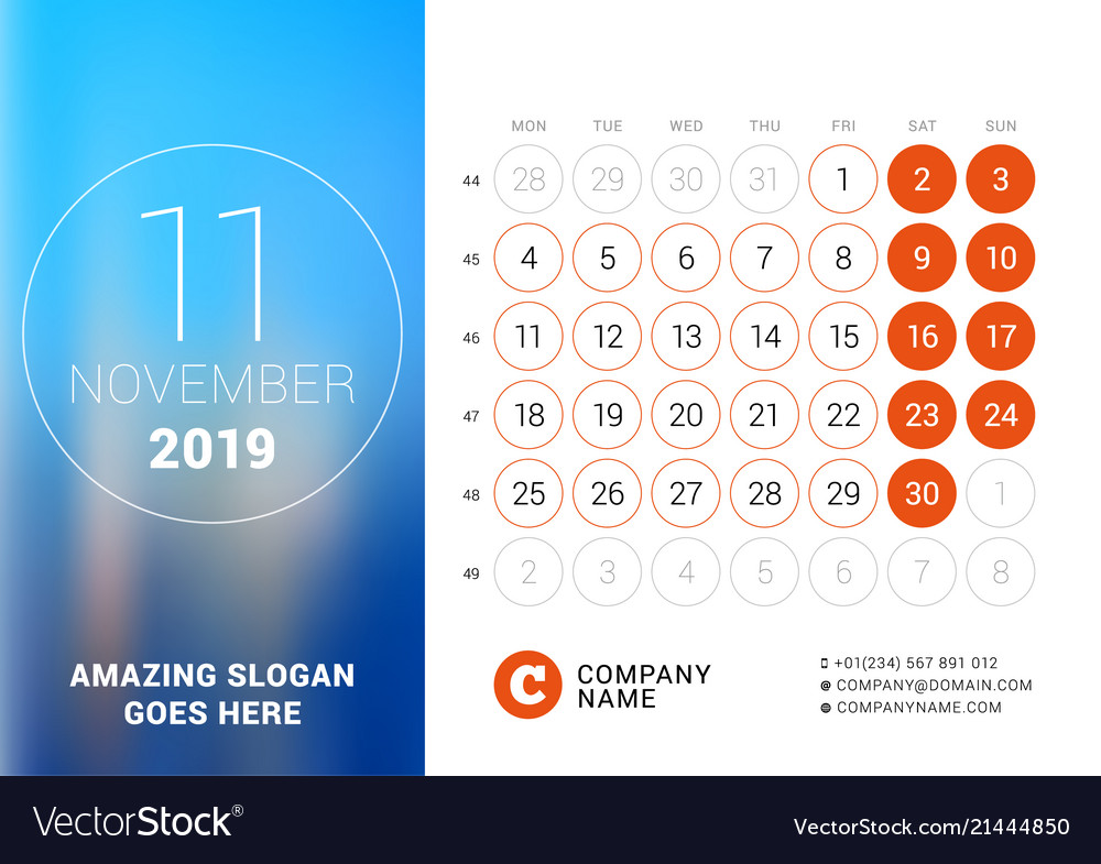 november 2019 desk calendar for 2019 year design vector image november calendar design