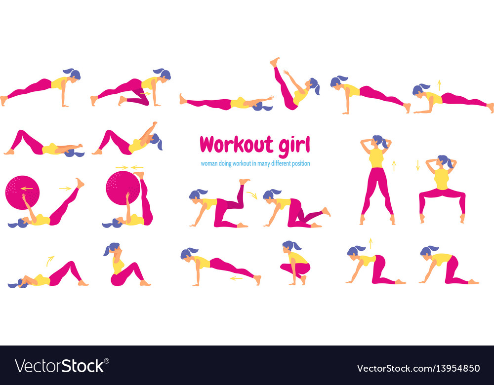 Woman in gym set of icons flat style Royalty Free Vector