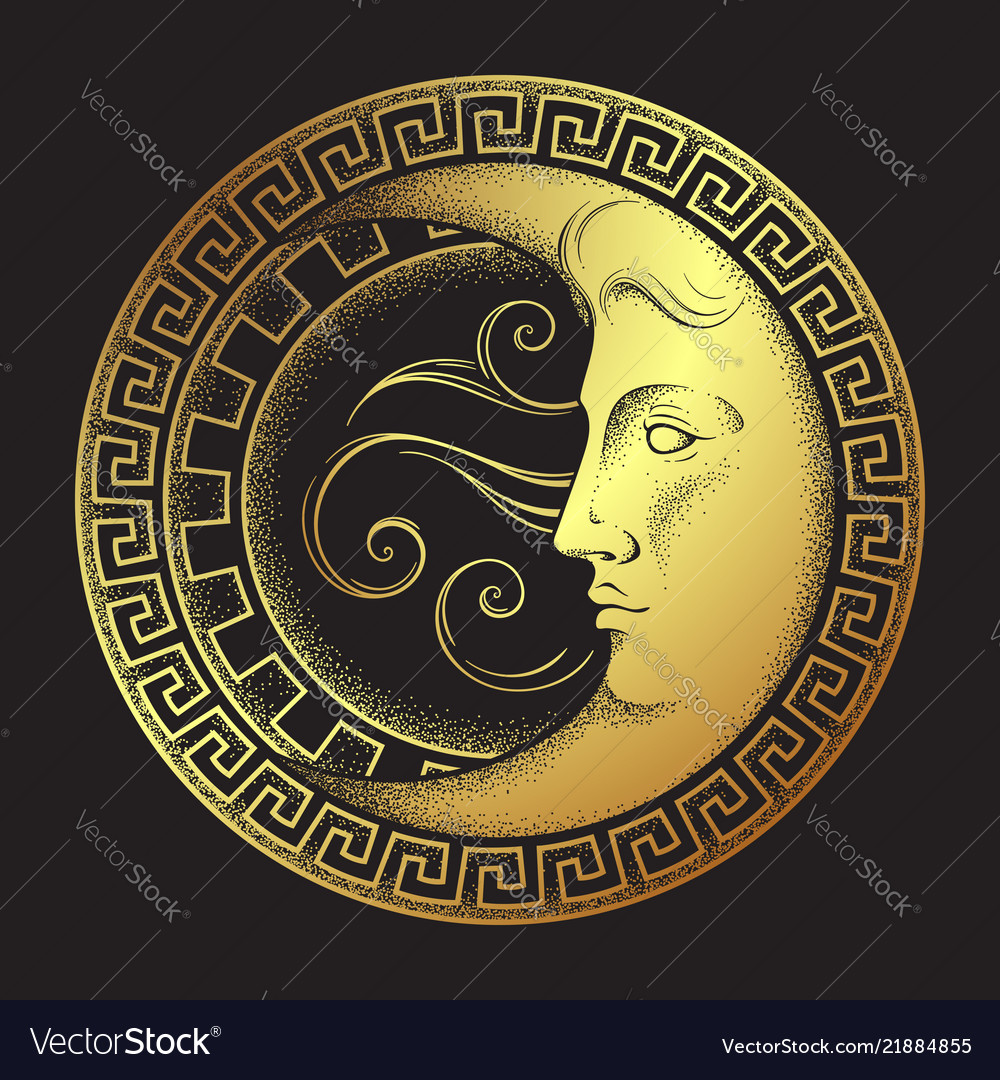 Crescent moon in antique style hand drawn line art