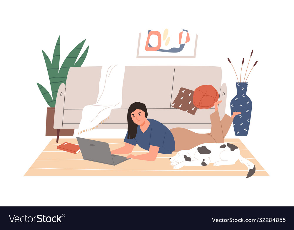 Freelancer girl working remotely lying on floor Vector Image