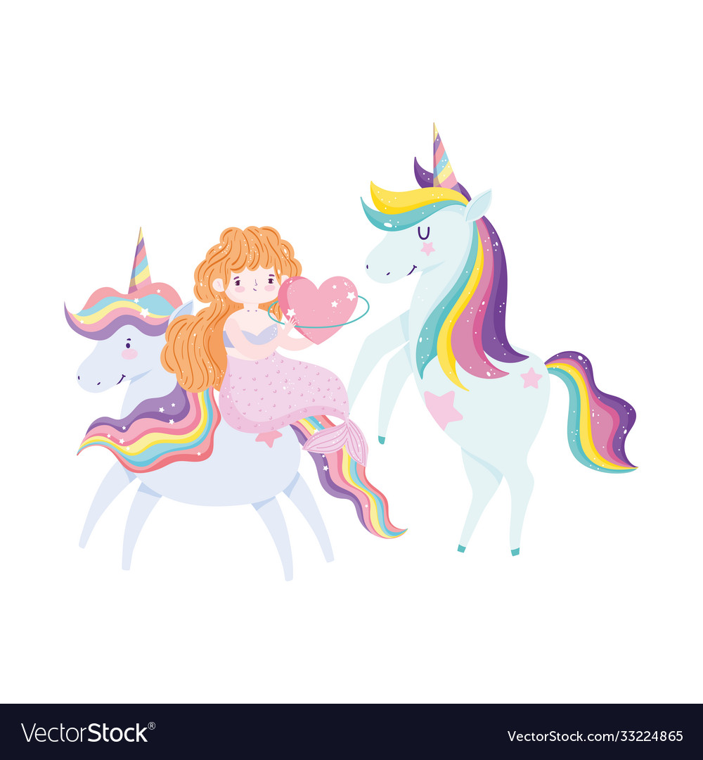 Cute mermaid with heart and adorable unicorns