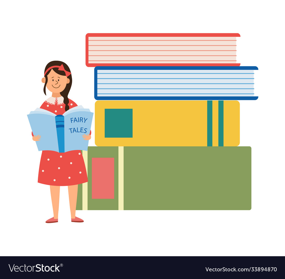 Child girl character reading a huge book flat