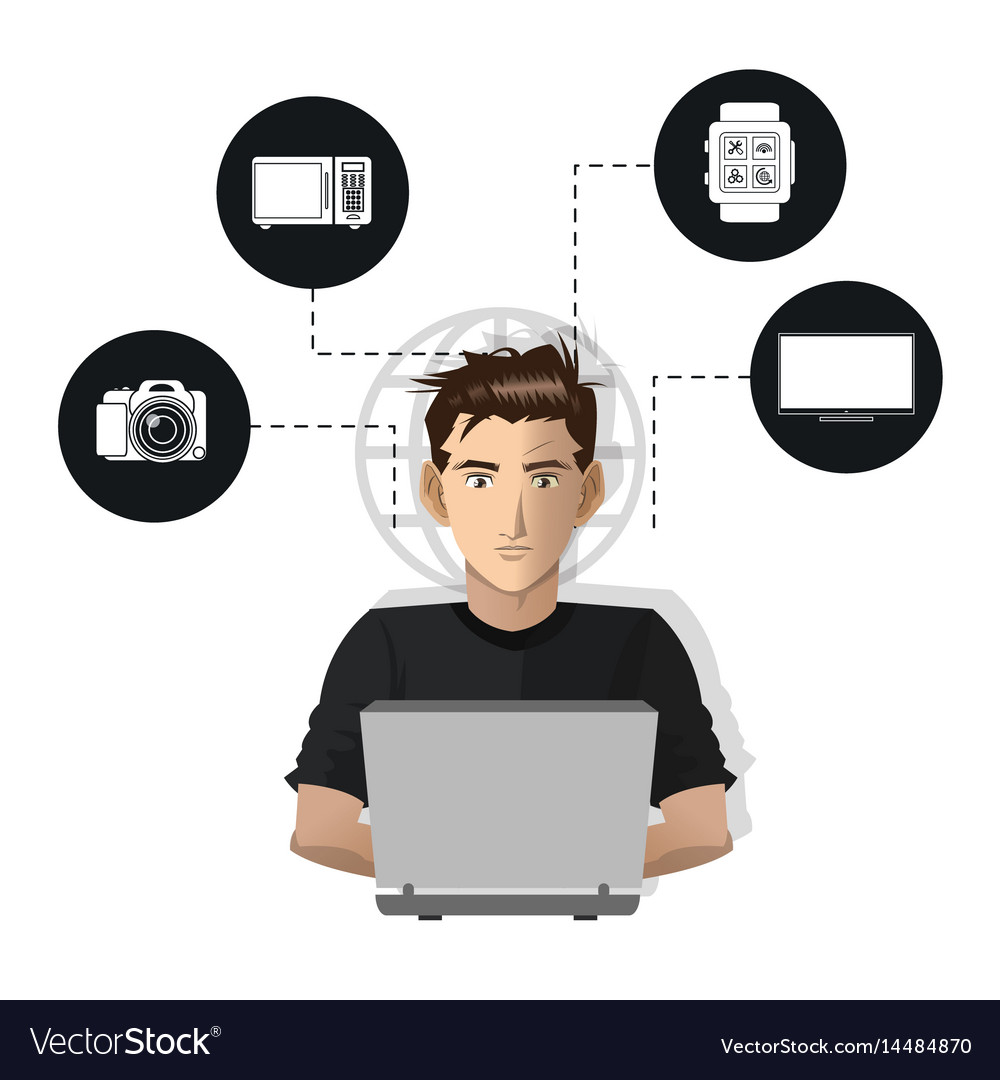 Man usign computer internet things icons
