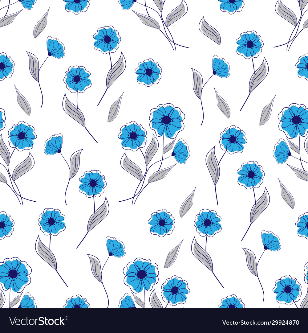 Seamless pattern with blue flowers on white