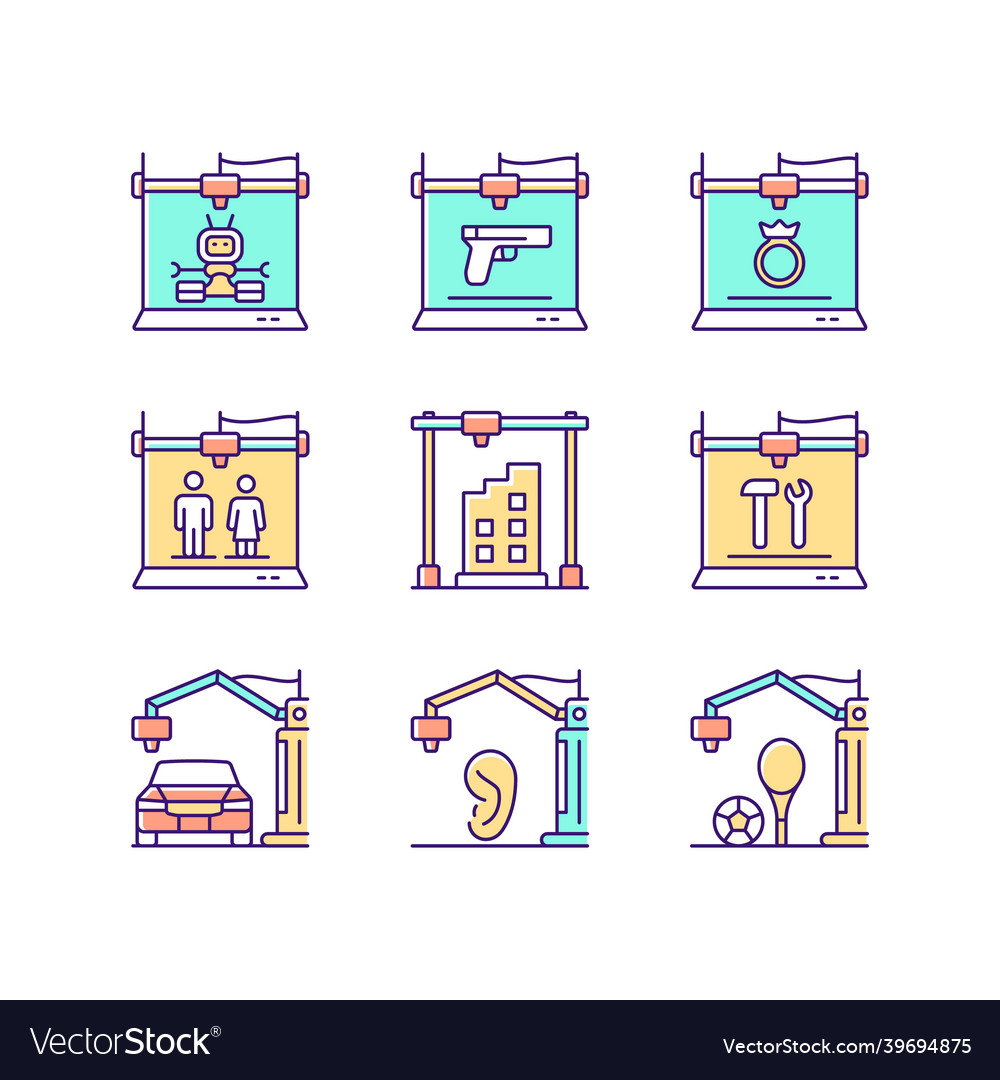 3d printing process rgb color icons set