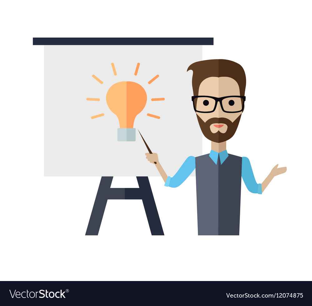 Lecturer Making a Presentation Near Whiteboard Vector Image