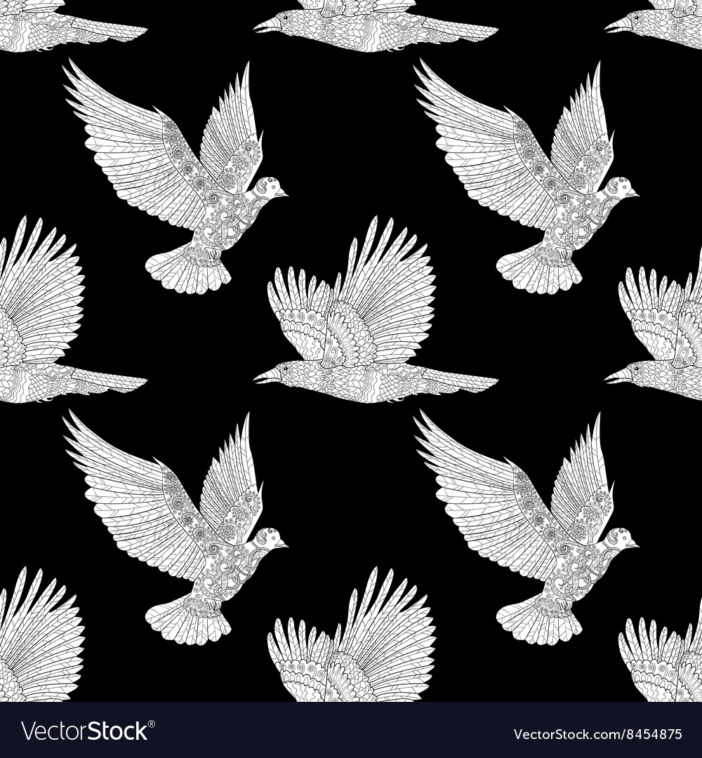 Seamless pattern with flying raven and dove