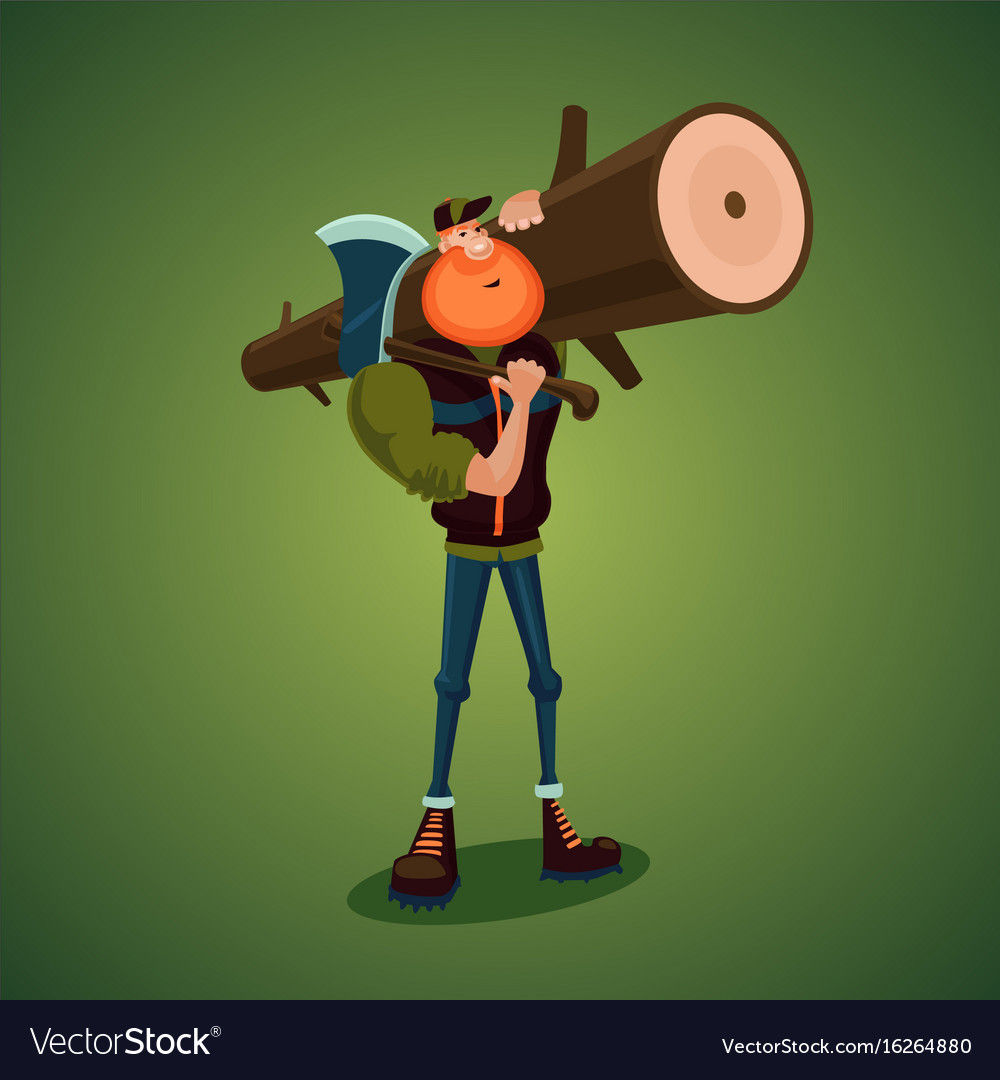 Strong lumberjack carries axe and big log Vector Image