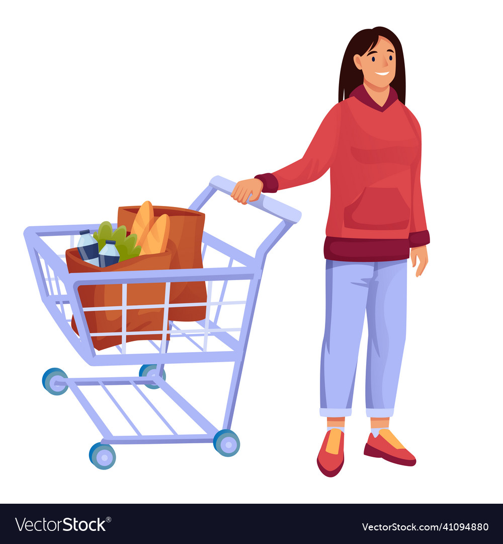 Woman with cart in supermarket Royalty Free Vector Image